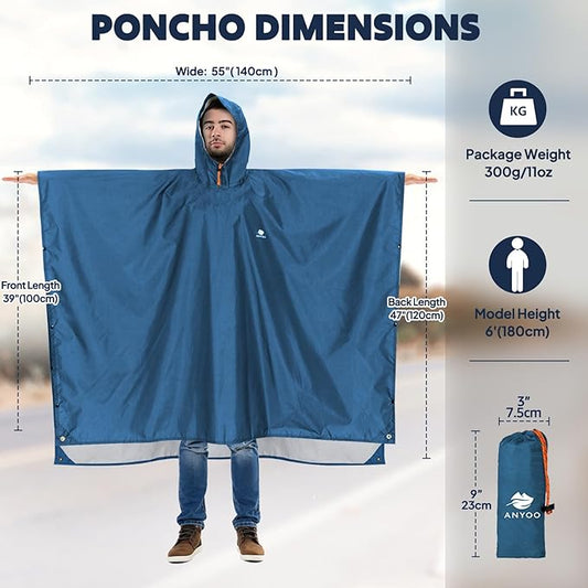 ANYOO Hooded Rain Poncho for Adults Waterproof Lightweight Rain Coat for Men Women Reusable Rain Jacket for Emergency Outdoor