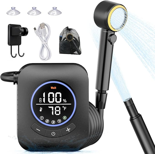 Upgraded 8000mAh & 5 Speed Portable Shower for Camping with Portable Shower Pan 41" x 41" x 5" with Mesh Storage Bag