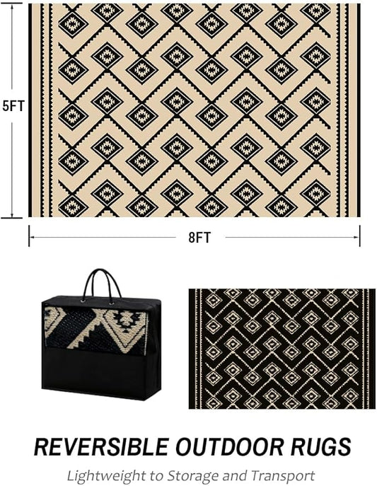 LILIOFFIC Outdoor Rugs - Reversible Mats, 5'x8' Plastic Straw Rug for Patio Clearance Waterproof, Indoor Outdoor Area Rug Carpet for Outside, RV, Deck, Picnic, Beach, Trailer, Camping(Black & Beige)