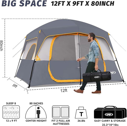 UNP 2/4/6/8 Person Tent, Portable Cabin Tent, Camping Tent 4-Person Easy Set Up, Waterproof with Top Rainfly for Outdoor Camping/Hiking