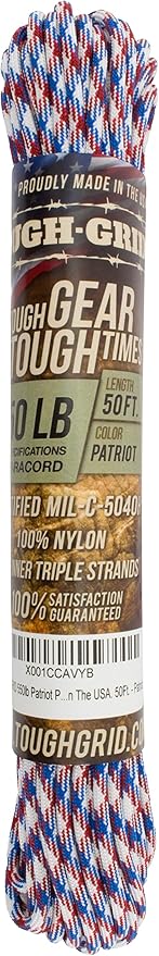 TOUGH-GRID Premium Patriot Paracord 550 lbs Made in USA Outdoor Survival Nylon Rope Tactical Heavy Duty Strands Parachute Cord Used by US Military Type III Mil-Spec