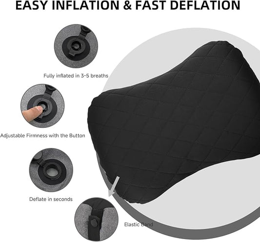 Inflatable Camping Pillow Ultralight Adjustable Firmness, TPU Travel Pillow for Neck & Lumbar Support, Hiking, Backpacking, Airplane, Car Travel & Beach with Removable Washable Cover (Black)