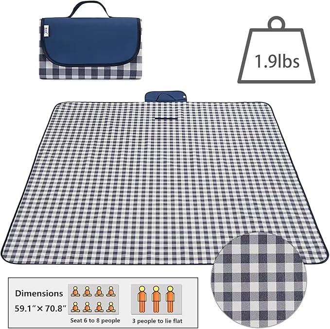 Wind Tour Family Outdoor Waterproof Durable Picnic Blankets with Carry Strap Foldable Sandproof Picnic Floor Mat for Kids Playground Camping Hiking Grass Travelling (1, Grey Grid)