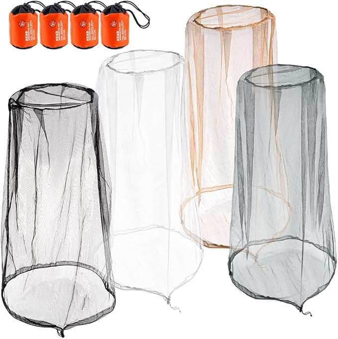 wohohoho Mosquito Head Net Mesh with Drawstring, Bug Face Netting for Hats, Mesh Face Shield for Men & Women Beekeeper Net Mask Protection for Midges, Bugs & Gnats (4 Packs, Mix Colors, Updated Size)