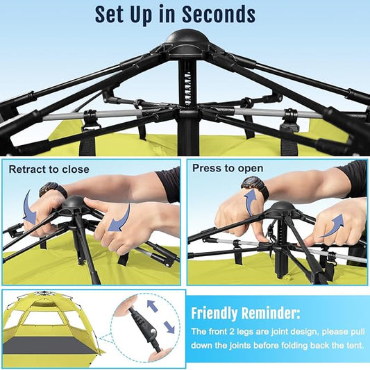 WhiteFang Deluxe Pop Up Beach Tent Sun Shade Shelter for 3-4/5-6 Person, UV Protection, Extendable Floor with 3 Ventilating Windows Plus Carrying Bag, Stakes, and Guy Lines