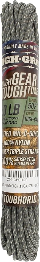 TOUGH-GRID Premium 550lb Paracord Rope - 50ft - Digi-Camo - 100% Nylon Type III Mil-Spec - UV & Abrasion Resistant - Heavy Duty Strands - Outdoor Survival Rope - Used by US Military - Made in USA
