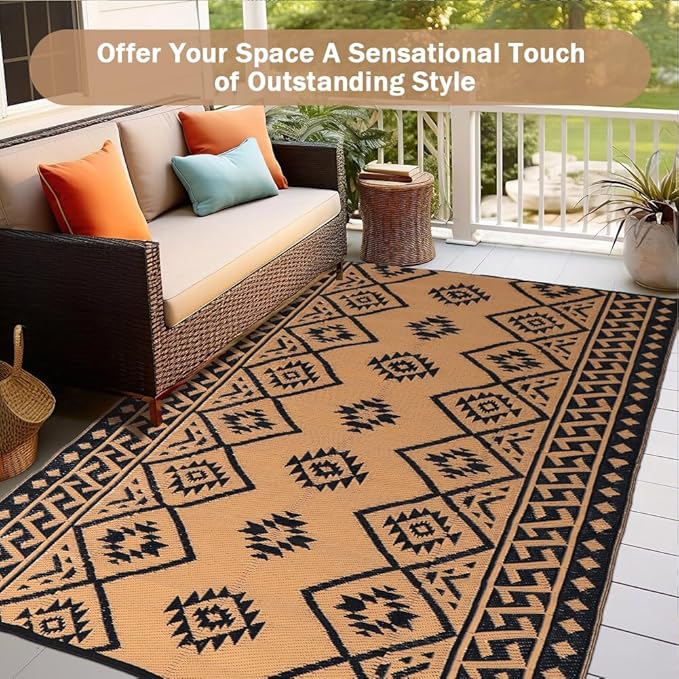 LILIOFFIC Outdoor Rug Waterproof 9x12 ft Outdoor Carpet Patio Rug Mat Reversible RV Camping Rug Plastic Straw Rug Outside Outdoor Area Rug for Patio Deck Balcony Backyard Picnic Beach