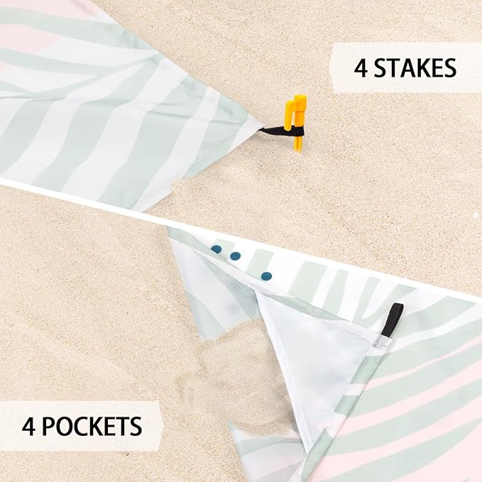 Waterproof Beach Blanket, 110''×118'' Extra Large Sand Free Beach Mat 4-8 Adults, Lightweight Portable Polyester Outdoor Picnic Blanket with 4 Stakes & 4 Corner Pockets for Camping, Travel