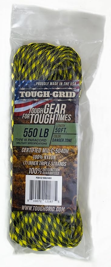 TOUGH-GRID Premium Danger Zone Paracord 550 lbs Made in USA Outdoor Survival Nylon Rope Tactical Heavy Duty Strands Parachute Cord Used by US Military Type III Mil-Spec