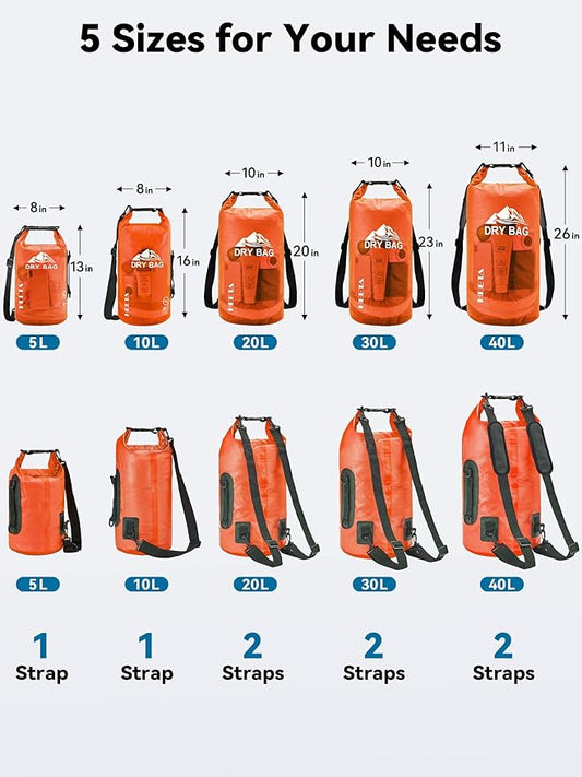 HEETA Dry Bag Waterproof for Women Men, 5L/10L/20L/30L/40L Roll Top Lightweight Dry Storage Bag Backpack with Phone Case for Travel, Swimming, Boating, Kayaking, Camping & Beach, 11 Transparent Colors
