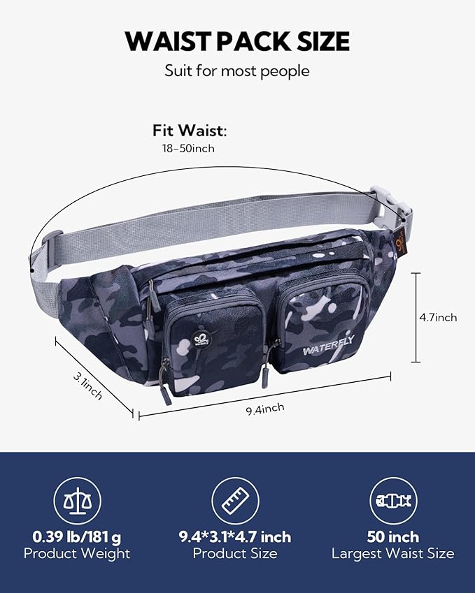 WATERFLY Fanny Pack Waist Bag: Travel Hip Pouch Bum Bag Plus Size Crossbody Fannie Pack Adjustable Belt Waistpack Phanny Fannypack for Man Woman Hiking Walking Jogging