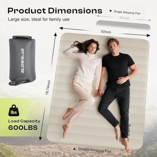 Self-Inflating Camping Mattress Pad 2 Person, 4in Thick Foam Sleeping Pad for Tent Camping, 4-Season Double Sleeping Pad with Pump Sack, Cream