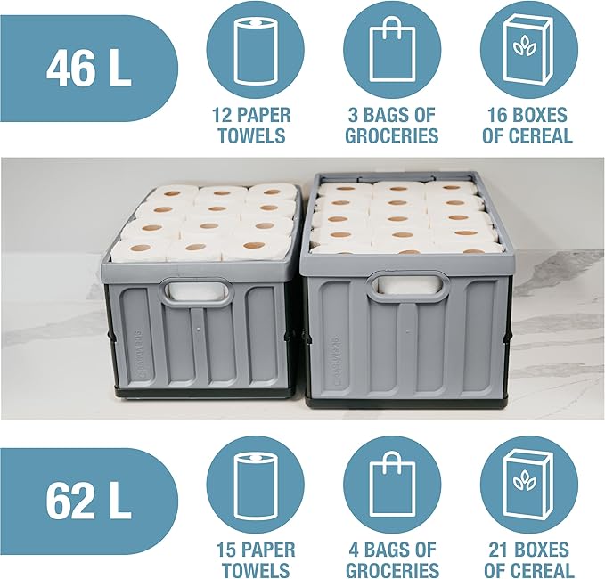 CleverMade Collapsible Storage Bins with Lids- Neptune Blue 3Pack 46L- Plastic Container Stackable Organization Crates Home Closet SpaceSaving Durable
