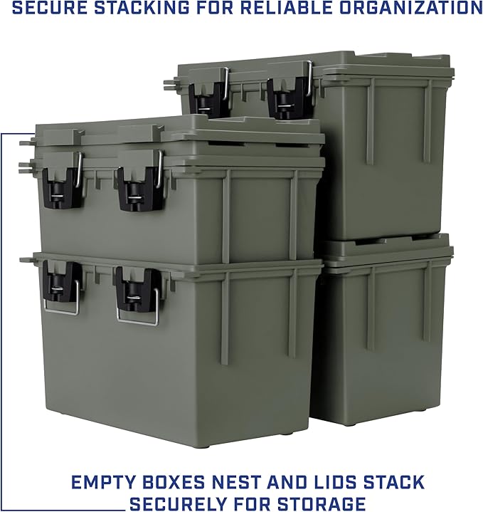 Sheffield 12765 4-Pack XL Ammo Storage Box, Stackable .50 Cal Field Boxes, Water and Dust Resistant, Lockable Storage Box with Handle, Heavy Duty Protection for Hunting Gear, Made in the USA, Green