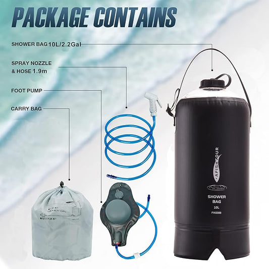 Portable Camping Shower Bag - 10L/2.2 Gallons 20/5 Gallons Solar Shower Water Bag with Foot Pump, Hose and Shower Head - Camp Shower for Camping, Beach, Travel, Outdoor Activities