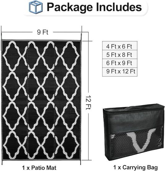 OutdoorLines Outdoor Plastic Area Rugs for Patio 9x12 ft - Reversible Outside Carpet, Stain & UV Resistant RV Mats, Straw Rug for Camping, Deck Garden, Porch and Balcony, Moroccan Black & Light Grey