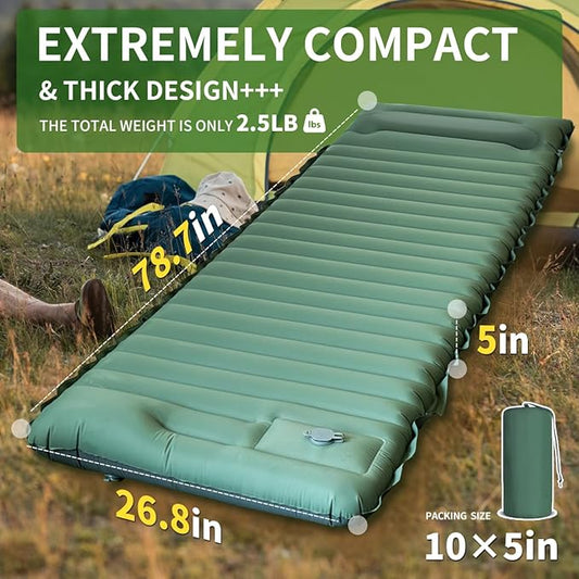 Camping Sleeping Pad, Extra Thick 5 Inch Ultralight Sleeping Pad for Camping with Pillow Built-in Foot Pump Inflatable Sleeping Pads Compact for Camp Backpacking Hiking Traveling Tent