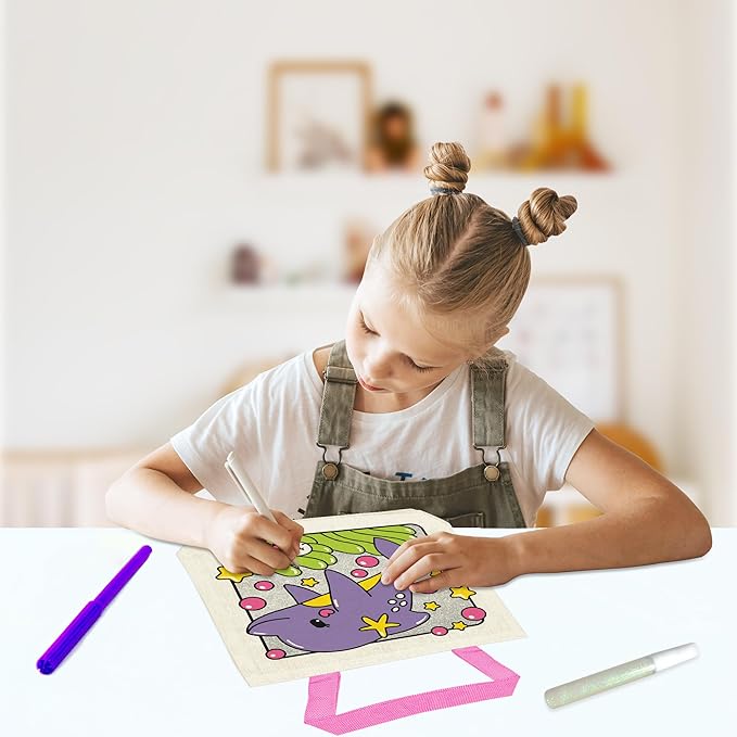 12 Pieces Kids Coloring Goodie Bags, Reusable Canvas Bag, Cute Art Party Favors, Color Your Own Bags for DIY Painting Birthday Carnival Celebration, Party Supplies Gift, Girls