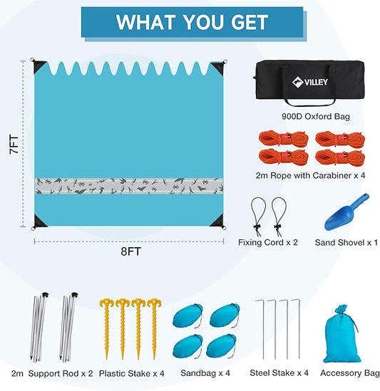 VILLEY Beach Tent Sun Shelter with UPF50+ Protection for 5 Person, 8x7FT Portable Sun Shade with 2 Stability Poles and 4 Sandbags, Outdoor Beach Canopy for Camping, Picnics, Fishing, Outdoors(Blue)