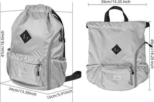 ALUSBELL Large Drawstring Backpack Bag, Sports Gym Bag String Sackpack with Shoes Compartment, Waterproof String Bag Cinch for Women Men(Gray)