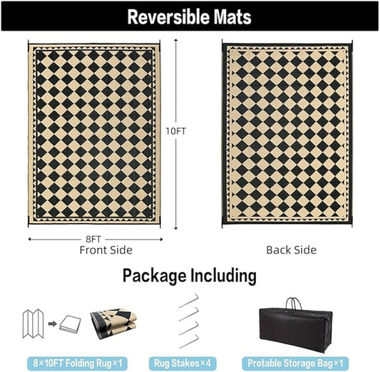 Outdoor Rug for Patios Clearance,Waterproof Mat,Large Outside Carpet,Reversible Plastic Straw Camping Rugs,Rv,Porch,Deck,Camper,Balcony,Backyard (8x10,Checkered/Black&Beige)