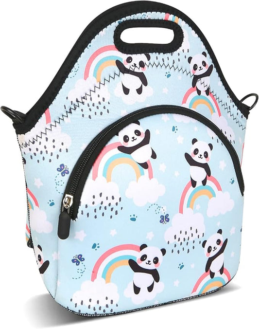 Violet Mist Neoprene Lunch Bag Reusable Insulated Lunch Box with Adjustable Shoulder Strap&Pocket for Women,Men,Adults,Cute Cartoon Panda Snack Bags Anime Animal Work Picnic Travel Tote Food Handbags