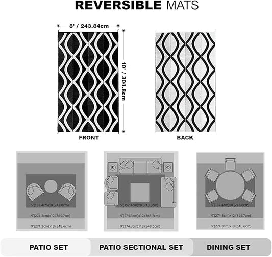 wikiwiki Outdoor Rug, 8x10ft Waterproof Reversible Mat Indoor Outdoor Rugs Carpet, Small Area Rug Plastic Straw Rug for Patio Deck Balcony Pool RV Camping Beach Picnic, Black & White, Rugscape Series