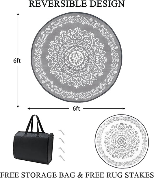 Pauwer Waterproof Outdoor Rug 6ft, Reversible Plastic Straw Patio Camping Rug, Indoor Outdoor RV Mat Carpet for Deck, Camper, Porch, Balcony, Backyard, Picnic, Floral Grey