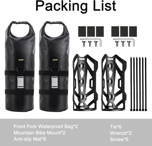 ENLEE 2pcs Bike Fork Bag with Multipurpose Cage-Waterproof Dry Bike Bags for Bicycles 5L Lightweight Portable Roll Top Design Bike Packing Fork Bags for MTB, Road, Gravel, Folding Bikes Touring