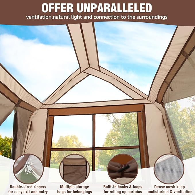 Chihee Camping Tents Freestanding Tent, Family Cabin Tent with Awning Porch 2 Doors 3 Mesh Windows Easy Instant Set up,Ultra Strong Frame Height up to 67" Spacious Great Views,Stargazing at Night