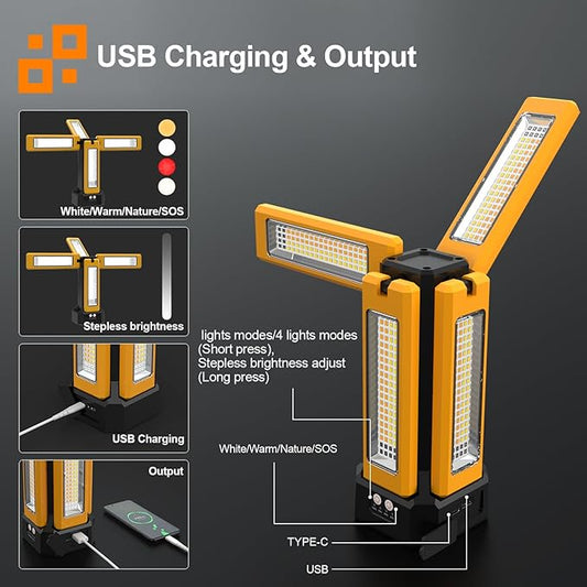 13200mAh Rechargeable Solar Work Light with Folding Stand Support and Portable Carrying Bag, 8000 Lumen Stepless Dimmable, 4 Lighting Modes, White/Warm/Warm White (Standard)