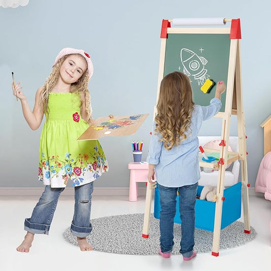 HONEY JOY Easel for Kids, Wooden Height Adjustable Double-Sided Toddler Easel w/Magnetic Chalkboard & White Board, Paper Roll, 60+ Painting Accessories, Magnetic Letters, Art Easel for Boys Girls