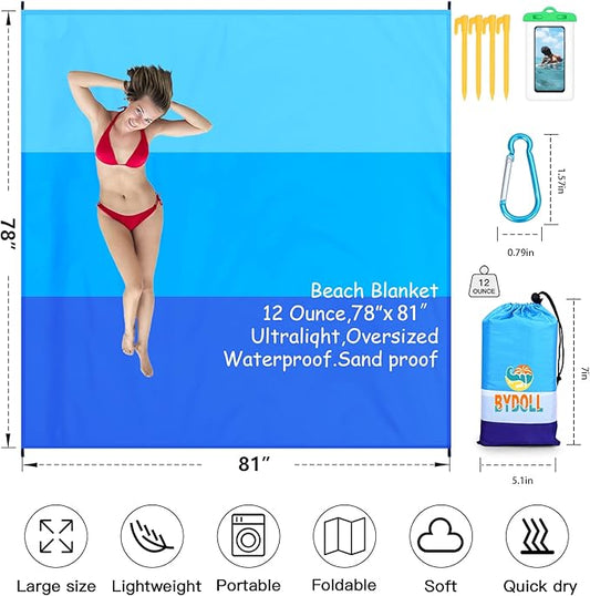 BYDOLL Beach Blanket 78''X81'' 4-7 Adults Oversized Lightweight Waterproof Sandproof Blanket for Beach Large Picnic Mat Travel Camping