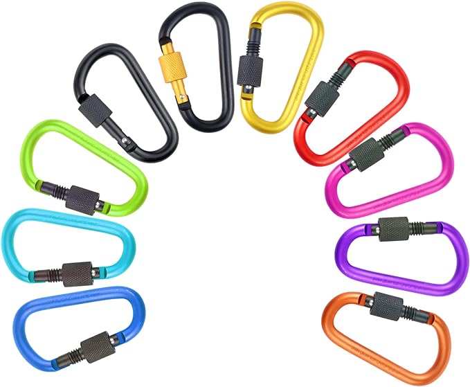 10 Pack Aluminum D Ring Key Rings Hiking Clips Locking Carabiner for Hiking Camping Fishing and Outdoor Use,Clips with Screw Gate Multicolored