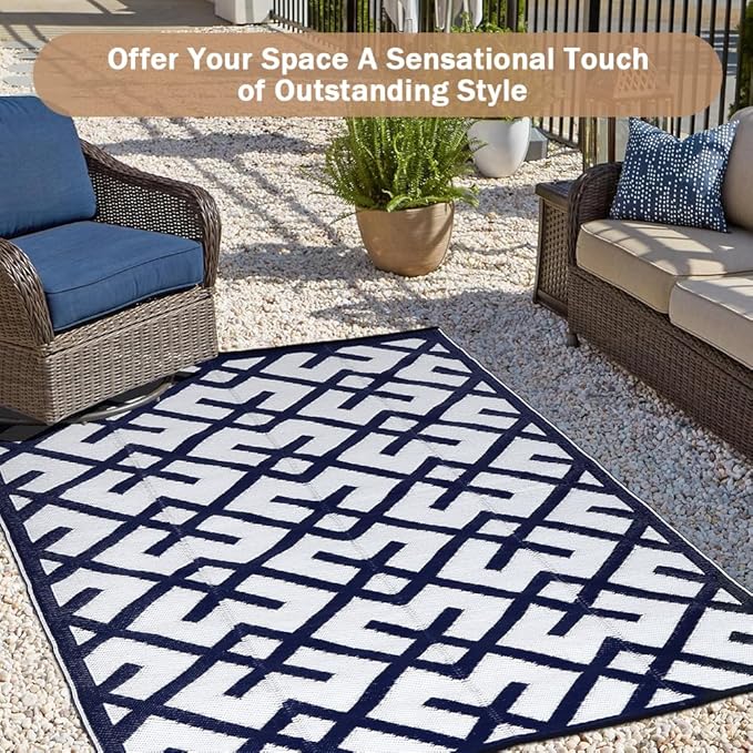 LILIOFFIC Outdoor Rugs - Reversible Mats, 5'x8' Plastic Straw Rug for Patio Clearance Waterproof, Indoor Outdoor Area Rug Carpet for Outside, RV, Deck, Picnic, Beach, Trailer, Camping, Blue & White