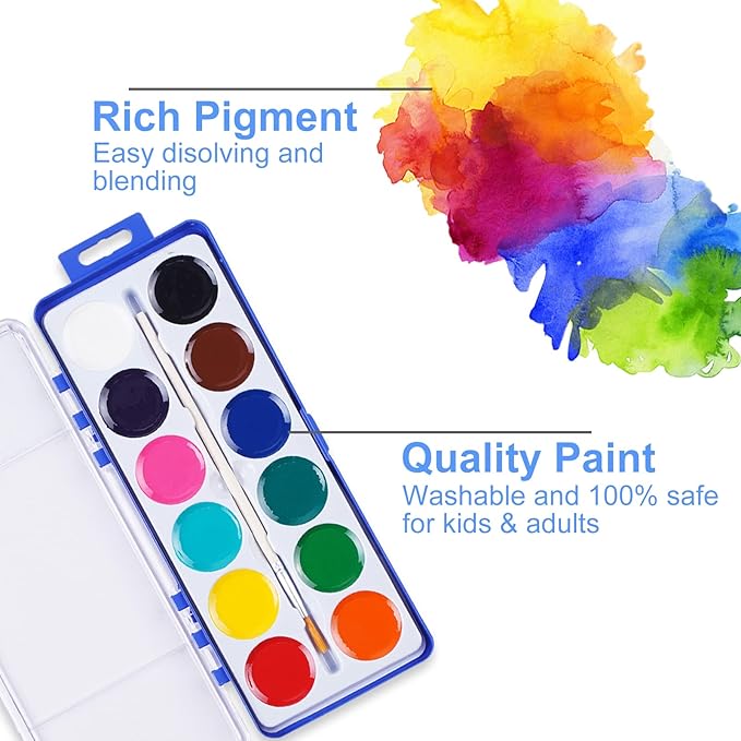12 Colors Watercolor Paint Set for Kids, 24 Pack Washable Water Colors for Party Favors, Gifts, Classroom Supplies (Wood Brushes Included)