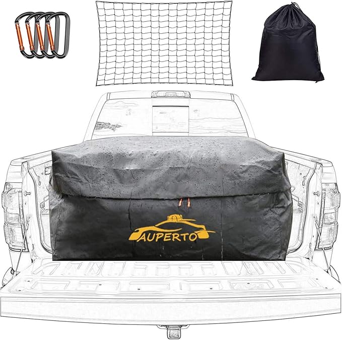 Weatherproof Cargo Bag - 26 Cubic Feet Heavy Duty Waterproof Luggage for Truck Bed With Net and 4 Metal Carbiners Fits Any Size