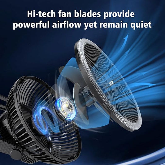 MORECORE Portable Camping Fan with LED Lantern, 24HRS Running 8inch Rechargeable Tent Fan, Powerful 3-Speed 180° Rotate with Hook, Quiet for Outdoor RV Travel Fishing Hurricane Emergency Power Outage