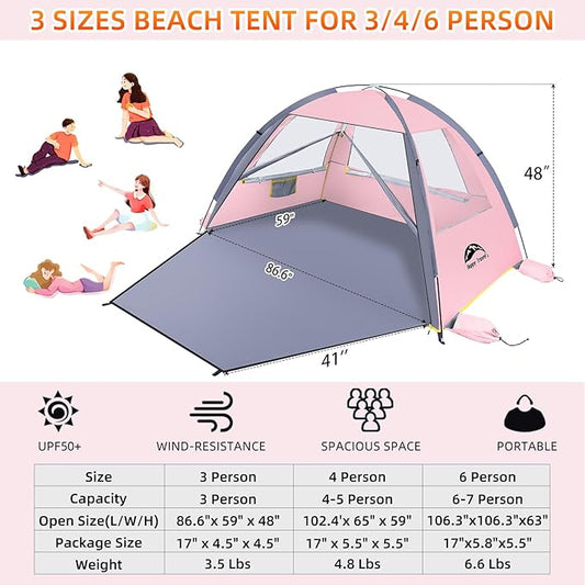 Happy Travel Beach Tent Sun Shelter for 3/4/5/6/7/8 Person, Portable UPF 50+ UV Protection Beach Shade Canopy for Family & Baby, Lightweight & Easy Setup Beach Cabana with 3 Ventilation Mesh Windows