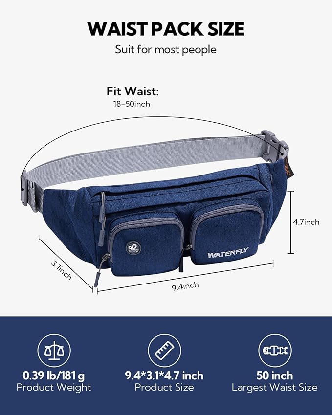 WATERFLY Fanny Pack Waist Bag: Travel Hip Pouch Bum Bag Plus Size Crossbody Fannie Pack Adjustable Belt Waistpack Phanny Fannypack for Man Woman Hiking Walking Jogging