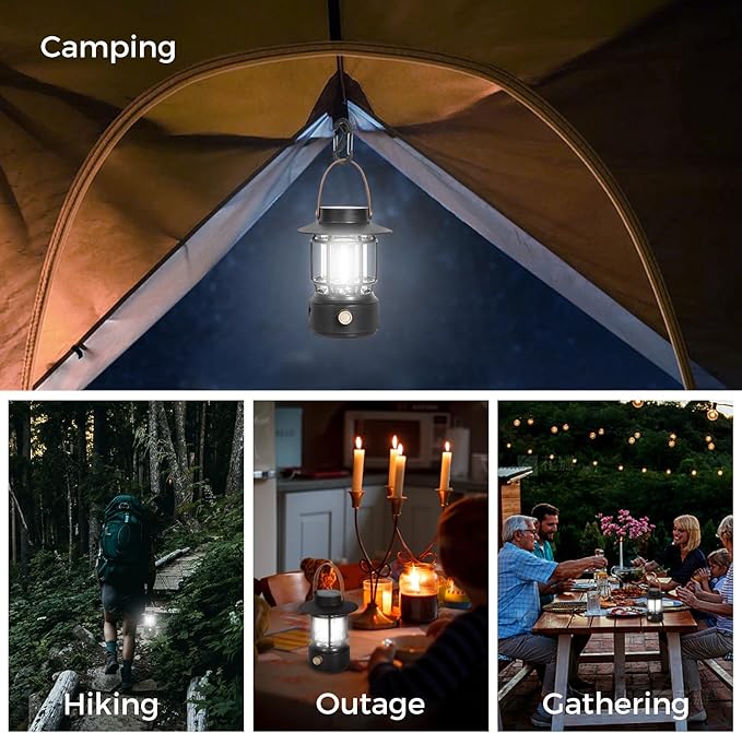 LED Camping Lantern, Solar Rechargeable Lantern Camping Lights with Side Lights, 1000LM Retro Style Portable Flashlight, IPX5 Waterproof Lanterns for Power Outages, Emergency, Hurricane, Hiking