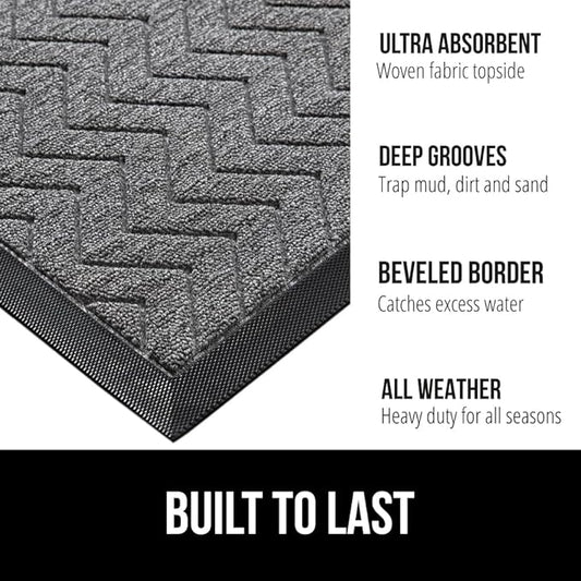 GORILLA GRIP 100% Waterproof All-Season WeatherMax Doormat, Durable Natural Rubber, Stain and Fade Resistant, Low Profile, Indoor Outdoor Doormats, Easy Clean Patio Entrance Mat, 17x29, Steel Chevron