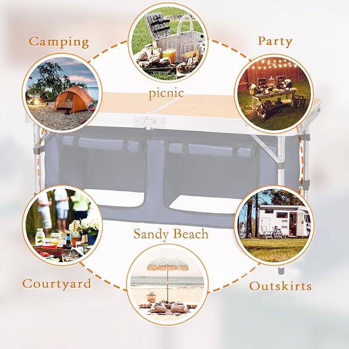 CampLand Outdoor Folding Table Aluminum Lightweight Height Adjustable with Storage Organizer for BBQ, Party, Camping