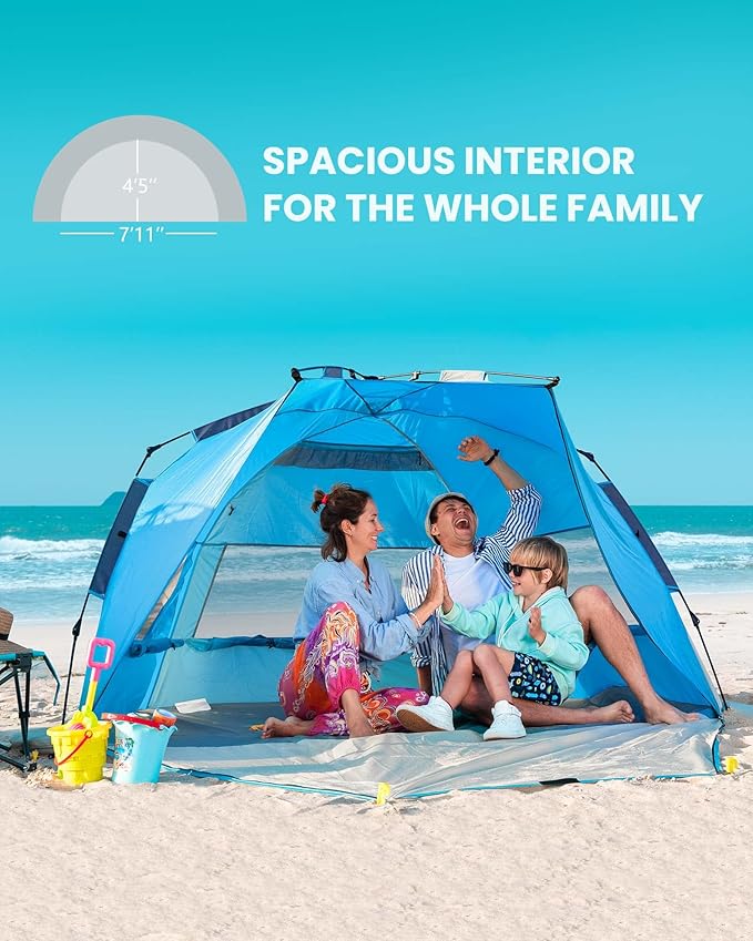 OutdoorMaster Beach Tent for 3-4 Person - Easy Setup and Portable Beach Shade Sun Shelter Canopy with UPF 50+ UV Protection Removable Skylight Family Size