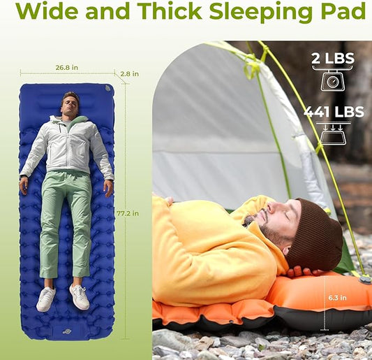 ATEPA Inflatable Sleeping Pad, Waterproof Button-Attachable Backpacking Camping Mattress with Pillow & Built-in Foot Pump for Backpacking Camping Hiking Tent Travelling, Navy