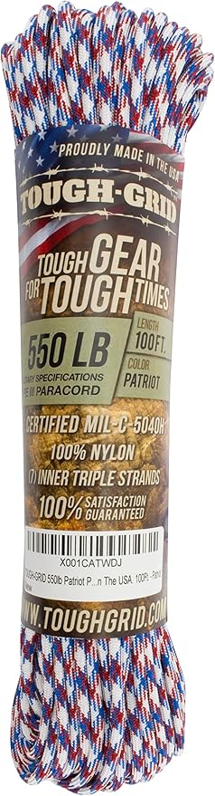 TOUGH-GRID Premium Patriot Paracord 550 lbs Made in USA Outdoor Survival Nylon Rope Tactical Heavy Duty Strands Parachute Cord Used by US Military Type III Mil-Spec
