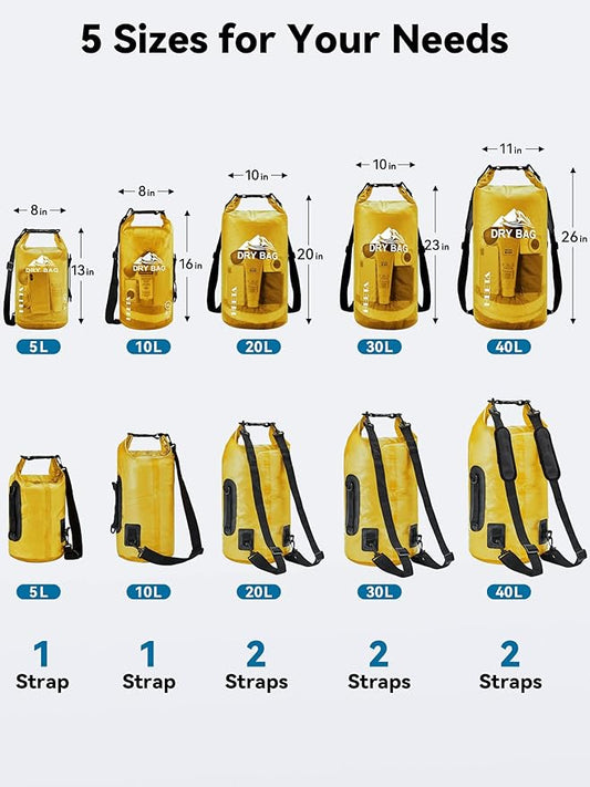 HEETA Dry Bag Waterproof for Women Men, 5L/10L/20L/30L/40L Roll Top Lightweight Dry Storage Bag Backpack with Phone Case for Travel, Swimming, Boating, Kayaking, Camping & Beach, 11 Transparent Colors