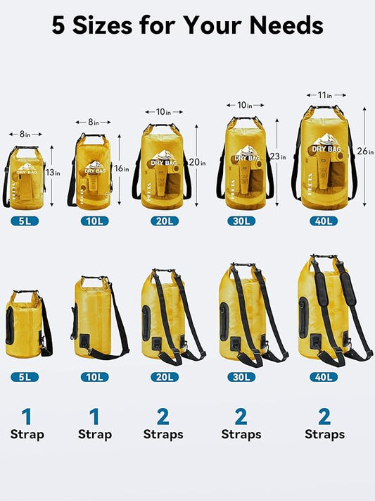 HEETA Dry Bag Waterproof for Women Men, 5L/10L/20L/30L/40L Roll Top Lightweight Dry Storage Bag Backpack with Phone Case for Travel, Swimming, Boating, Kayaking, Camping & Beach, 11 Transparent Colors