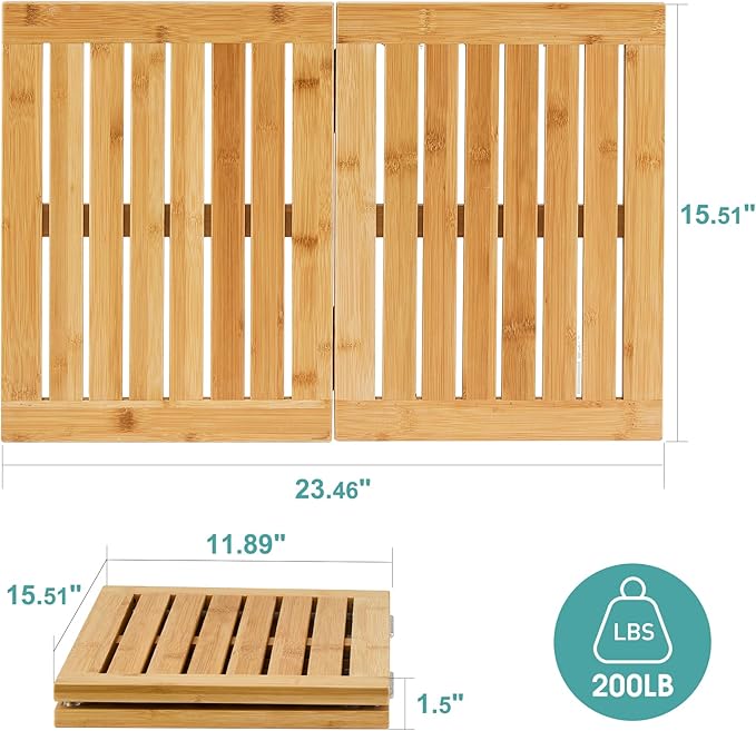 Waterproof Bamboo Bath Mat for Shower, Foldable | Non-Slip | Heavy Duty, Wooden Bath Mat, Floor Mat and Doormat for Indoor Outdoor, 23.4in x 15.6in