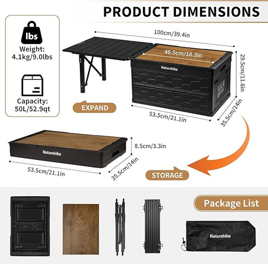 Naturehike Lispace Camping Table with Storage Box, 50L Collapsible Trunk Organizer with Lid, Folding Storage Bin for Camping Picnic Home